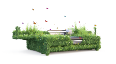 A swissQprint printer rendered covered in living grass and butterflies, illustrating its Greentech certification