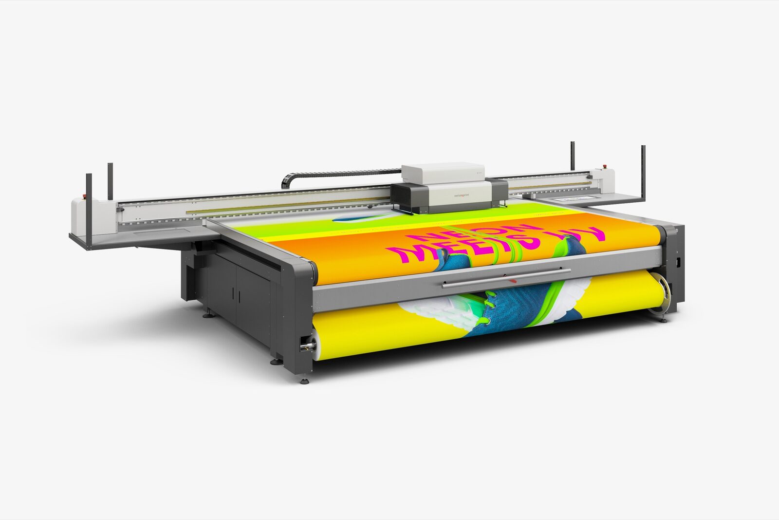 The swissQprint Nyala 4 flatbed printing a fluorescent neon-ink banner reading Neon Media